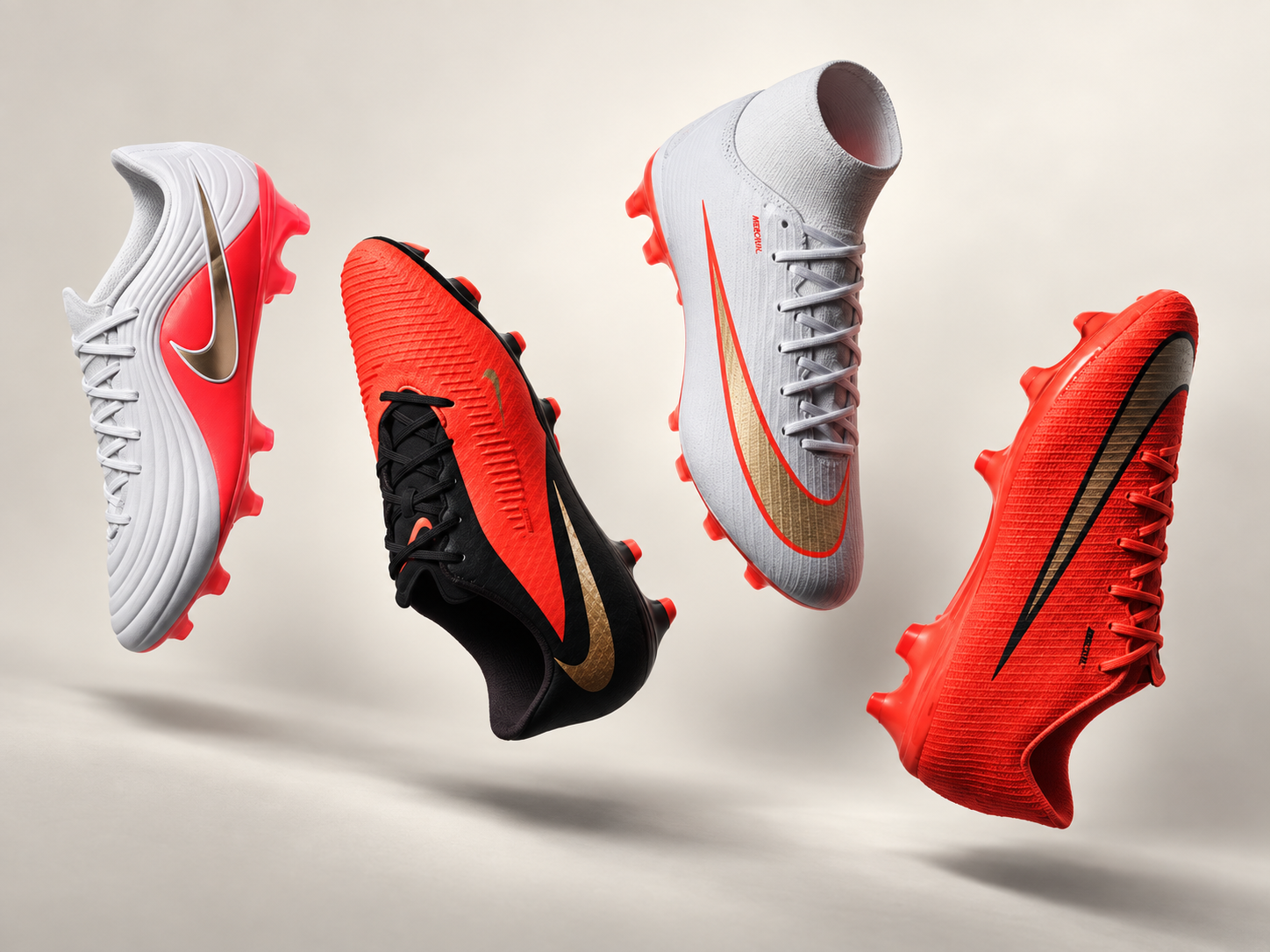 Chuteiras Nike Mercurial em branco, preto e vermelho